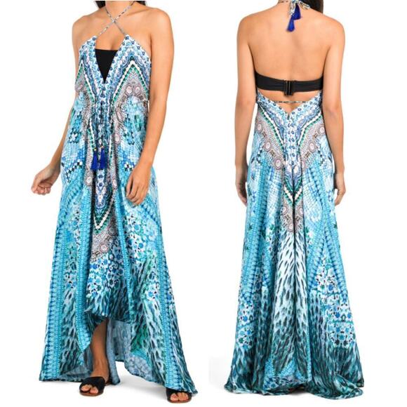 NWT La Moda Boho Bead Embellished Watercolor Hi-low Beach Cover-up Maxi Dress - Picture 1 of 9